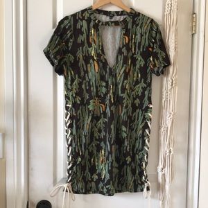 Cactus print t shirt dress tunic lace up